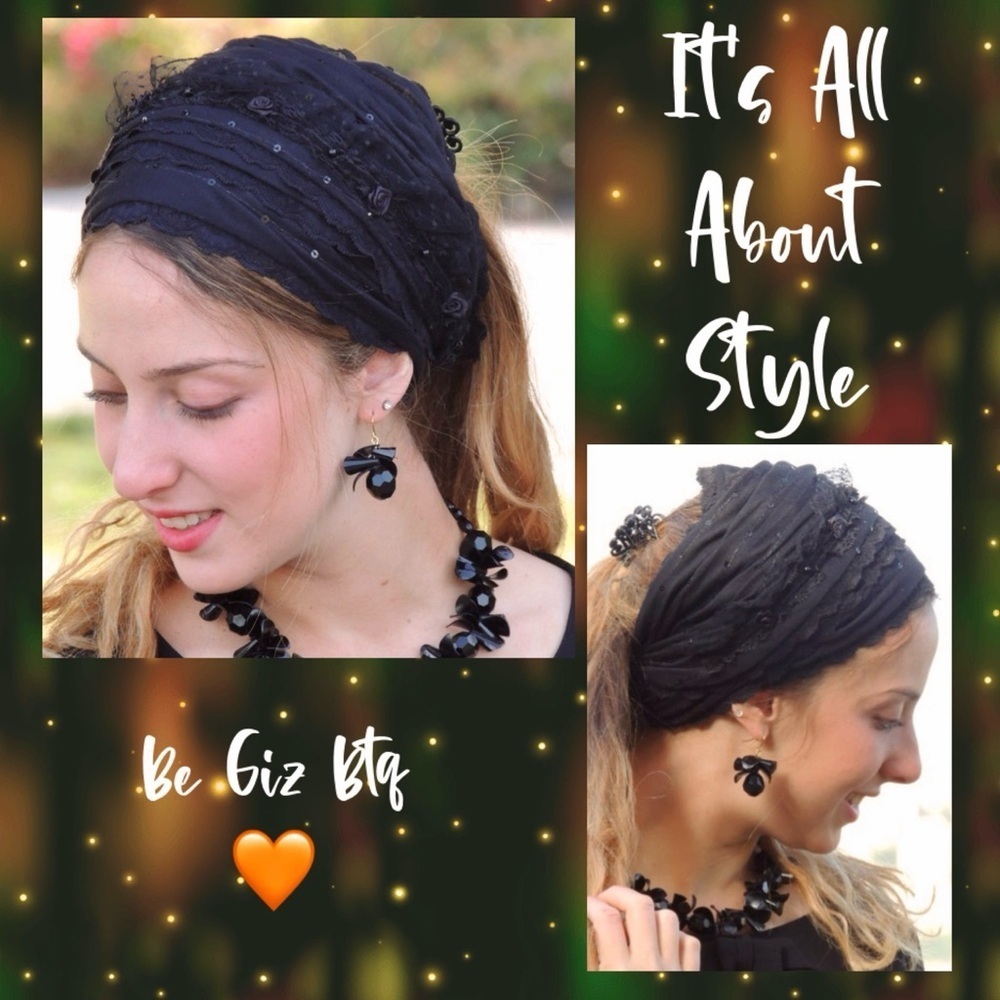 Lovely Royal Black Laces Handmade "Mitpachat" ,Head Covering,, Tichel, Headband